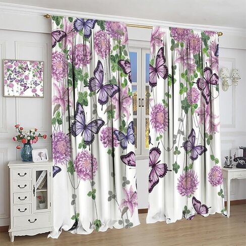 ستائر الفراشة والنباتات الطبيعية والزهور والأقحوان والزنبق الأرجواني علاجات النوافذ للأطفال والبنات وغرفة نوم الحضانة وجيب قضيب النوافذ وباب المعالجة، 42 × 45 بوصة 2 لوح in Kuwait