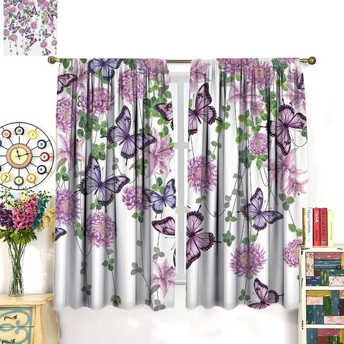 ستائر الفراشة والنباتات الطبيعية والزهور والأقحوان والزنبق الأرجواني علاجات النوافذ للأطفال والبنات وغرفة نوم الحضانة وجيب قضيب النوافذ وباب المعالجة، 42 × 45 بوصة 2 لوح in Kuwait