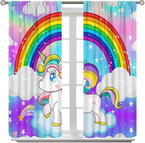 ستائر يونيكورن السحرية للأطفال، رسوم متحركة خيالية حكاية العجائب قوس قزح الغيوم نجوم يونيكورن بيغاسوس نافذة ستائر مطبوعة للفتيات غرفة نوم غرفة المعيشة الحضانة 42 × 45 بوصة (بدون تعتيم) in Kuwait