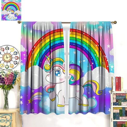 ستائر يونيكورن السحرية للأطفال، رسوم متحركة خيالية حكاية العجائب قوس قزح الغيوم نجوم يونيكورن بيغاسوس نافذة ستائر مطبوعة للفتيات غرفة نوم غرفة المعيشة الحضانة 42 × 45 بوصة (بدون تعتيم) in Kuwait