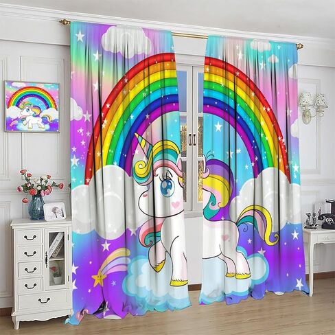 ستائر يونيكورن السحرية للأطفال، رسوم متحركة خيالية حكاية العجائب قوس قزح الغيوم نجوم يونيكورن بيغاسوس نافذة ستائر مطبوعة للفتيات غرفة نوم غرفة المعيشة الحضانة 42 × 45 بوصة (بدون تعتيم) in Kuwait
