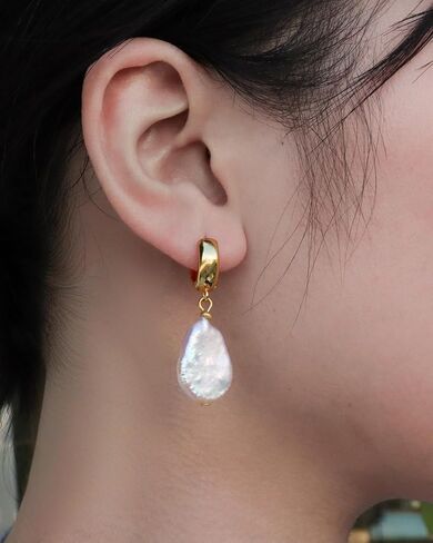 Freshwater Baroque Pearl Drop Dangle Earrings for Women, 14K Gold-plated Chunky Pearl Hoop Earring for Sensitive Ears, Big Hoop Huggie Drop Dangle Earring Hypoallergenic Trendy for Women Gifts in Saudi Arabia