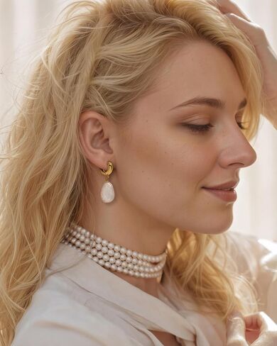 Freshwater Baroque Pearl Drop Dangle Earrings for Women, 14K Gold-plated Chunky Pearl Hoop Earring for Sensitive Ears, Big Hoop Huggie Drop Dangle Earring Hypoallergenic Trendy for Women Gifts in Saudi Arabia