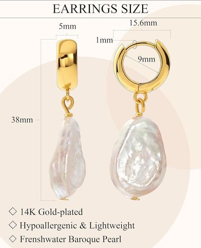 Freshwater Baroque Pearl Drop Dangle Earrings for Women, 14K Gold-plated Chunky Pearl Hoop Earring for Sensitive Ears, Big Hoop Huggie Drop Dangle Earring Hypoallergenic Trendy for Women Gifts in Saudi Arabia