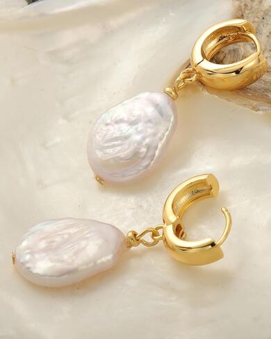 Freshwater Baroque Pearl Drop Dangle Earrings for Women, 14K Gold-plated Chunky Pearl Hoop Earring for Sensitive Ears, Big Hoop Huggie Drop Dangle Earring Hypoallergenic Trendy for Women Gifts in Saudi Arabia