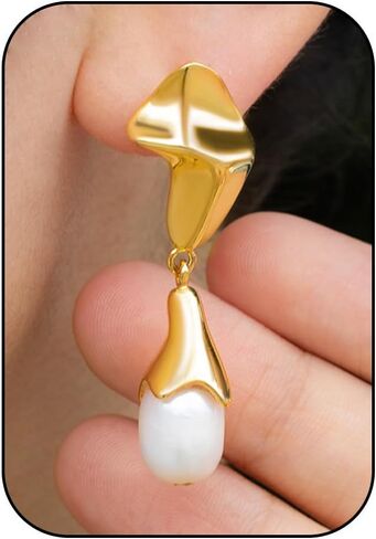 Freshwater Baroque Pearl Drop Dangle Earrings for Women, 14K Gold-plated Chunky Pearl Hoop Earring for Sensitive Ears, Big Hoop Huggie Drop Dangle Earring Hypoallergenic Trendy for Women Gifts in Saudi Arabia