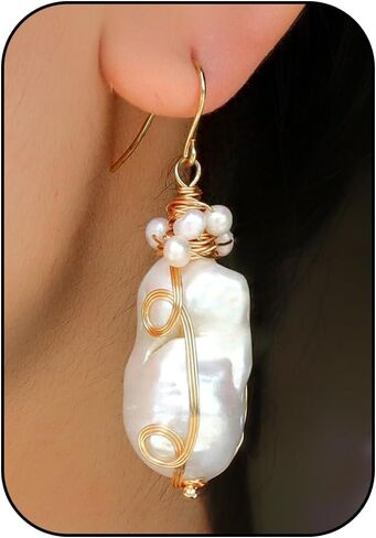 Freshwater Baroque Pearl Drop Dangle Earrings for Women, 14K Gold-plated Chunky Pearl Hoop Earring for Sensitive Ears, Big Hoop Huggie Drop Dangle Earring Hypoallergenic Trendy for Women Gifts in Saudi Arabia