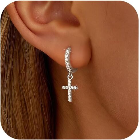 SUYACS 14k Gold Plated Cross Cubic Zirconia Drop Dangle Earrings for Women Trendy 925 Sterling Silver Cross Hoop Huggie Earring Christian Pray Belief Piercing Earring Jewelry Gifts in Kuwait