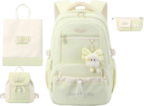 حقيبة ظهر مدرسية من JiaYou للأطفال البنات من النايلون مع سحر قطيفة سعة كبيرة لطلاب المرحلة الابتدائية (أسود - 4 قطع، 29 لتر) in Kuwait