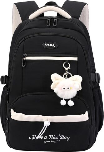 JiaYou Kids Girls School Backpack Nylon Daypack with Plush Charm Large Capacity for Elementary Students(Black-4Pcs,29 Liters) in Saudi Arabia
