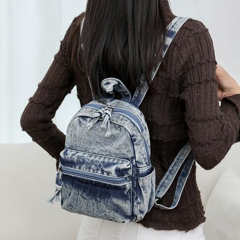 Denim Backpack Fashion Daypack Shoulder Bag, Chic y2k Grunge Canvas Bookbag Women Men Trendy Design Daily Hiking Travel (Cowboy blue) in Saudi Arabia