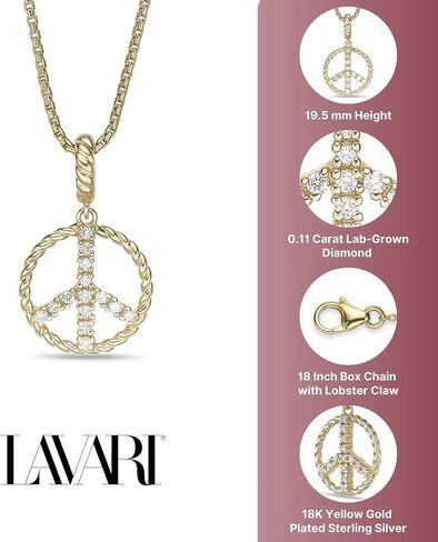 Lavari Jewelers 1/10 Carat Lab Grown Diamond Peace Sign Pendant for Women I 925 Sterling Silver with 18k Yellow Gold Plating Pendant Necklace for Her I 18 Inch Box Chain with Lobster Claw Clasp in Saudi Arabia