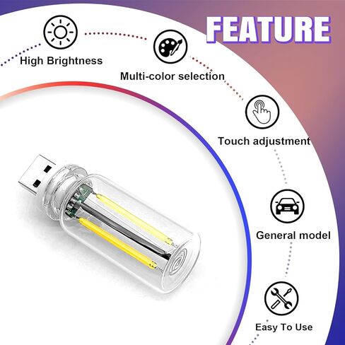 2PCS Car USB Night Light Bulb, Plug-in Retro Car Atmosphere Lamp with Touch Dimmable, Portable Mini USB Retro Glass Bottle Lamp for Vehicle, Bedroom, Camping Holiday Decoration(white) in Saudi Arabia