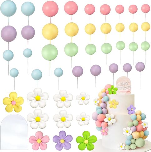 46 PCS Boho Groovy Cake Topper - Mini Balls Acrylic Retro Hippie Daisy Flower Cake Topper for Wedding Party Supplies (Colorful) in Kuwait