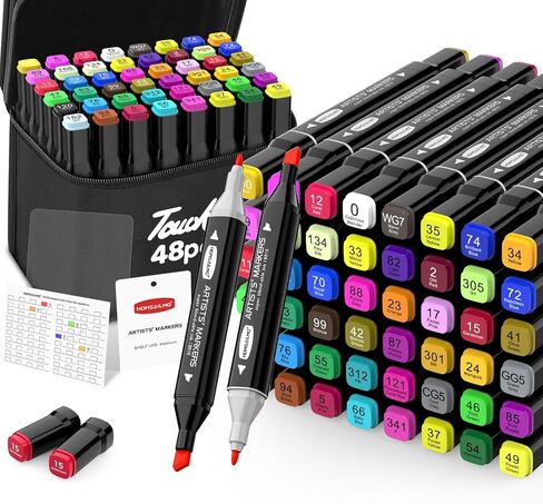 علامات الفن ، 84 ألوان الفنان كحول مزدوج عريض وغرامة علامات دائمة و 2 من مخطط مخطط مع قضية للبالغين الأطفال تلوين رسم رسم تصميم العلامات البيضاء in Kuwait