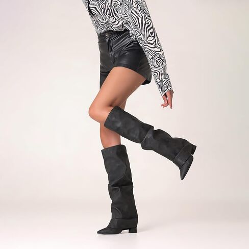 Fancy Fold Over Slouch Boots Block Heels in Saudi Arabia