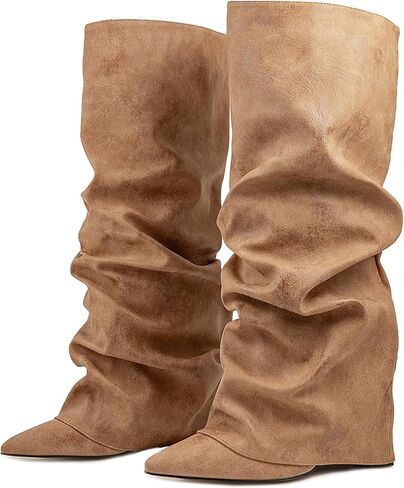 Fancy Fold Over Slouch Boots Block Heels in Saudi Arabia