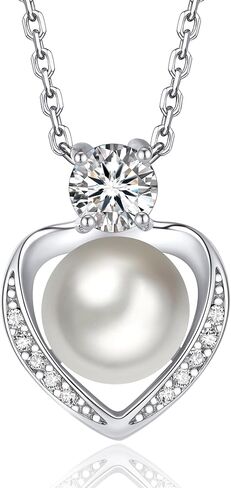 MomentWish Anniversary Birthday Gift for Her, Pearl Necklace for Women, Moissanite Necklace for Women, Freshwater Cultured Pearls Pendant, 14K Gold Plated 925 Sterling Silver Necklace in Kuwait