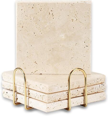4pcs 4" Travertine Marble Coasters for Drinks Natural Coasters Set,Square of Stone Drink with Gold Cup Holder,Non Slip Cork Backing,Protect Tables from Stains Scratches Housewarming Gift, Wedding in Kuwait
