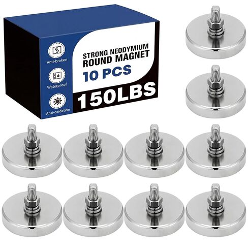 Therwen 10 Pcs 150 lb Powerful Neodymium Round Magnets Neodymium Magnet with M6 Male Threaded Stud, Heavy Duty Magnets with Nut and Washer for Lighting, Camera, Brackets Other Equipment in Kuwait