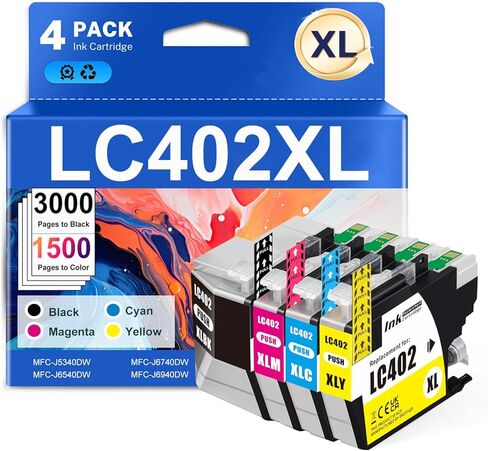 خراطيش حبر LC402 LC402XL بديلة لخراطيش حبر Brother LC402XL، متوافقة مع طابعات Brother MFC-J6940DW J5340DW J6540DW J6740DW، عالية الإنتاجية، أحدث رقاقة، بدون انسداد (4 عبوات، BK/C/M/Y) in Kuwait