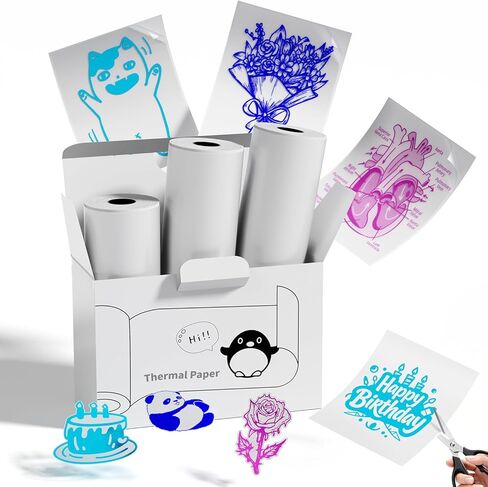 Memoking T02 Color Sticker Paper - Colorful Transparent Sticky T02 Mini Printer Sticker Paper Refill, 50 mm x 3.5 m, Keep for 20 yrs, for Journal Photo Study Notes, 3 Rolls in Kuwait