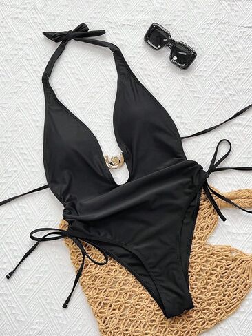 Women's One Piece Swimsuit Plunge Tie Side Cutout Sexy Summer Beach Pool Vacation Resort Swimwear in Saudi Arabia