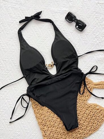 Women's One Piece Swimsuit Plunge Tie Side Cutout Sexy Summer Beach Pool Vacation Resort Swimwear in Saudi Arabia