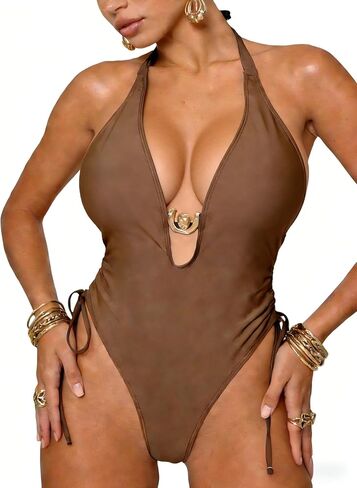 Women's One Piece Swimsuit Plunge Tie Side Cutout Sexy Summer Beach Pool Vacation Resort Swimwear in Saudi Arabia