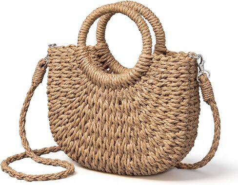 Rancco Straw Bags for Women, Rattan Purse with Round Wooden Handle, Detachable & Adjustable Beach Purses, Womens Shoulder Bag for Vacation Travel Casual Daily Use,10.25 * 9.25in in Kuwait