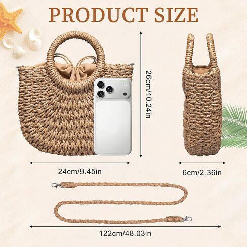 Rancco Straw Bags for Women, Rattan Purse with Round Wooden Handle, Detachable & Adjustable Beach Purses, Womens Shoulder Bag for Vacation Travel Casual Daily Use,10.25 * 9.25in in Kuwait