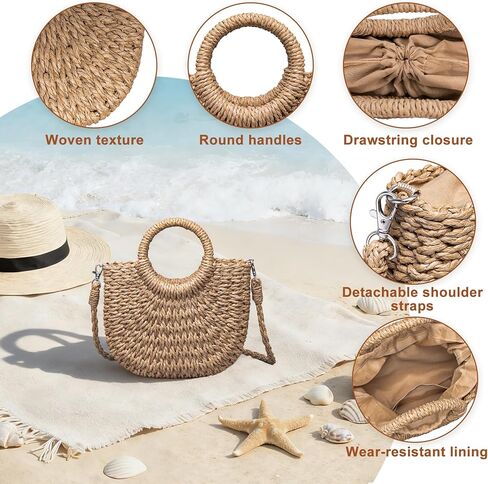 Rancco Straw Bags for Women, Rattan Purse with Round Wooden Handle, Detachable & Adjustable Beach Purses, Womens Shoulder Bag for Vacation Travel Casual Daily Use,10.25 * 9.25in in Kuwait