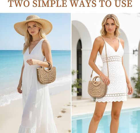 Rancco Straw Bags for Women, Rattan Purse with Round Wooden Handle, Detachable & Adjustable Beach Purses, Womens Shoulder Bag for Vacation Travel Casual Daily Use,10.25 * 9.25in in Kuwait