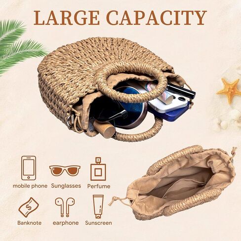 Rancco Straw Bags for Women, Rattan Purse with Round Wooden Handle, Detachable & Adjustable Beach Purses, Womens Shoulder Bag for Vacation Travel Casual Daily Use,10.25 * 9.25in in Kuwait
