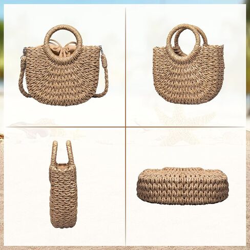 Rancco Straw Bags for Women, Rattan Purse with Round Wooden Handle, Detachable & Adjustable Beach Purses, Womens Shoulder Bag for Vacation Travel Casual Daily Use,10.25 * 9.25in in Kuwait