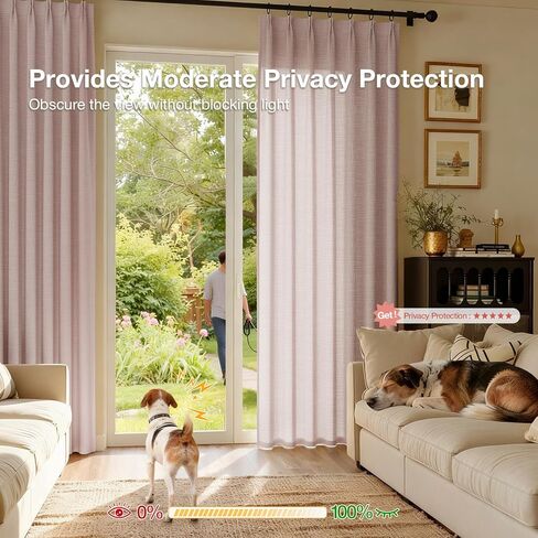 ستائر Rinwoc من الكتان ذات الطيات المضغوطة بطول 96 بوصة، 2 لوحة من الطيات المدربة على الذاكرة من الكتان المزخرف غير شفافة - ستائر خصوصية مرشحة للضوء لغرفة الفتيات، معالجة النوافذ الشفافة باللون الوردي (W40xL96) in Kuwait