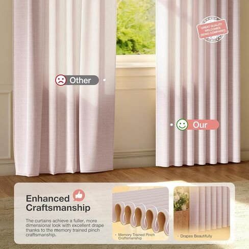 ستائر Rinwoc من الكتان ذات الطيات المضغوطة بطول 96 بوصة، 2 لوحة من الطيات المدربة على الذاكرة من الكتان المزخرف غير شفافة - ستائر خصوصية مرشحة للضوء لغرفة الفتيات، معالجة النوافذ الشفافة باللون الوردي (W40xL96) in Kuwait