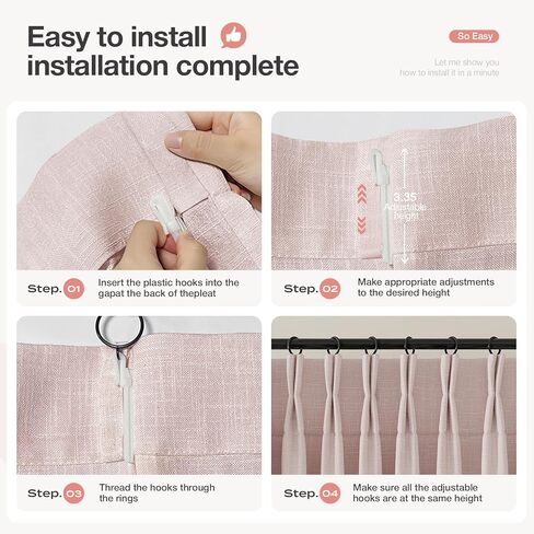 ستائر Rinwoc من الكتان ذات الطيات المضغوطة بطول 96 بوصة، 2 لوحة من الطيات المدربة على الذاكرة من الكتان المزخرف غير شفافة - ستائر خصوصية مرشحة للضوء لغرفة الفتيات، معالجة النوافذ الشفافة باللون الوردي (W40xL96) in Kuwait