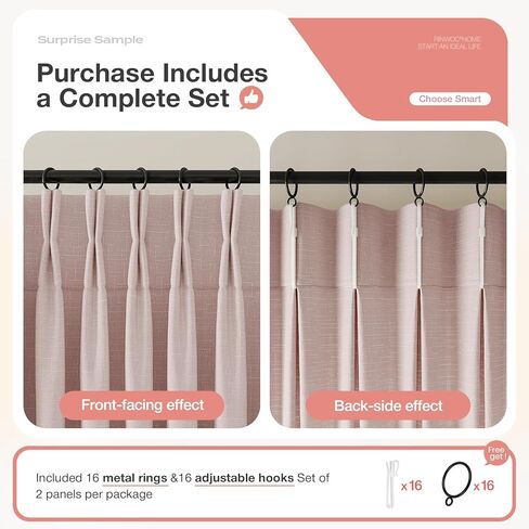 ستائر Rinwoc من الكتان ذات الطيات المضغوطة بطول 96 بوصة، 2 لوحة من الطيات المدربة على الذاكرة من الكتان المزخرف غير شفافة - ستائر خصوصية مرشحة للضوء لغرفة الفتيات، معالجة النوافذ الشفافة باللون الوردي (W40xL96) in Kuwait