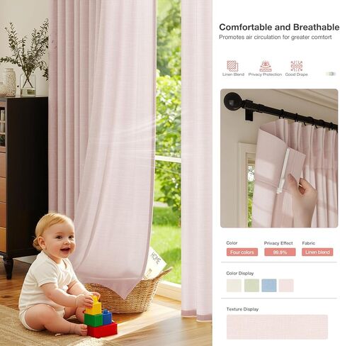 ستائر Rinwoc من الكتان ذات الطيات المضغوطة بطول 96 بوصة، 2 لوحة من الطيات المدربة على الذاكرة من الكتان المزخرف غير شفافة - ستائر خصوصية مرشحة للضوء لغرفة الفتيات، معالجة النوافذ الشفافة باللون الوردي (W40xL96) in Kuwait