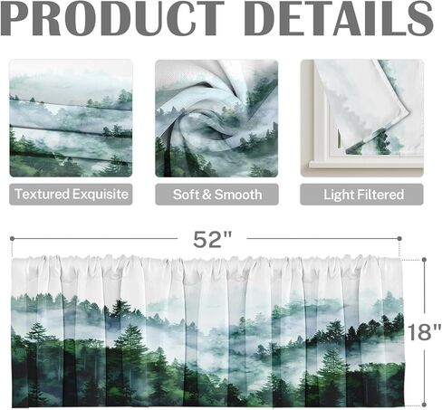 emvency 2 حزمة الستائر نافذة العلاجات، غابة خضراء ضبابية طبيعة شجرة الجبل ستائر التعتيم ستارة قابلة للتعديل للنوافذ غرفة المعيشة المطبخ فوق الحوض، 52 × 18 بوصة قضيب جيب الستائر in Kuwait