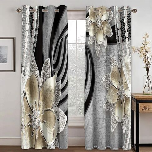 الفن التجريدي الأزهار الأسود والرمادي ستائر التعتيم 84 بوصة طويلة 2 لوحات مجموعة، الماس والمجوهرات الزهور السوداء خارج الستائر الحريرية سواد الحرارية ستائر النافذة المعزولة لغرفة النوم غرفة المعيشة 52x84 in Kuwait