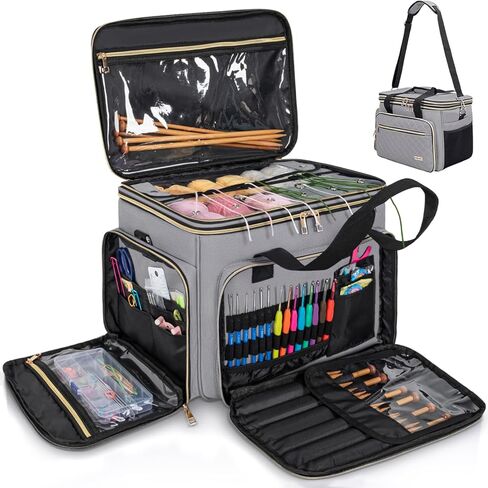 منظم أكياس الكروشيه ، وحقيبة حياكة كبيرة ، ومنظمات منظمات ، منظم تخزين الغزل المقاوم للماء مع مقسم داخلي لحياكة إبر كروشيه ، هدايا لعشاق الكروشيه in Kuwait