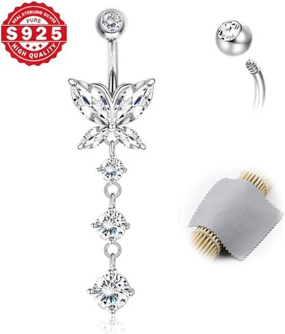 DJCIW الصلبة S925 الفضة الاسترليني فراشة زر البطن الدائري للنساء، 14G الحديد ثقب السرة المجوهرات، 8 مم 10 مم 12 مم أطوال الشريط، فراشة متدلية سحر البطن ثقب المجوهرات هدية in Kuwait