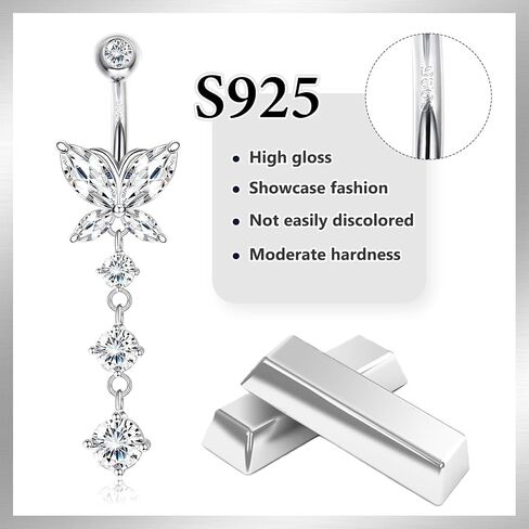DJCIW Solid S925 Sterling Silver Butterfly Belly Button Ring for Women,14G Barbell Navel Piercing Jewelry,8mm 10mm 12mm Bar Lengths,Dangle Butterfly Charm Belly Piercing Jewelry Gift in Saudi Arabia