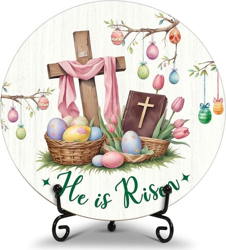He Is Risen Decor, Easter Round Wood Decor Sign, Spring Religious Decor, Christian Easter Gifts For Woman Man, Church Decor And Accessories, Christian Home Office Decorations For Table Shelf -b05 in Saudi Arabia
