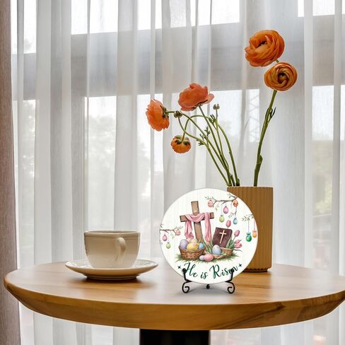 He Is Risen Decor, Easter Round Wood Decor Sign, Spring Religious Decor, Christian Easter Gifts For Woman Man, Church Decor And Accessories, Christian Home Office Decorations For Table Shelf -b05 in Saudi Arabia