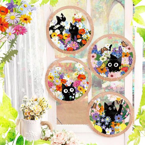 kathfly 4 قطع لطيف القطة السوداء جدار ديكور الأزهار القط شنقا جدار خشبي الفن 10 × 10 '' مزرعة زهرة كيتي السوق علامة بوهو لوحات فنية لحضانة غرفة نوم غرفة المعيشة مكتب ديكور الحيوانات الأليفة عاشق هدية in Saudi Arabia