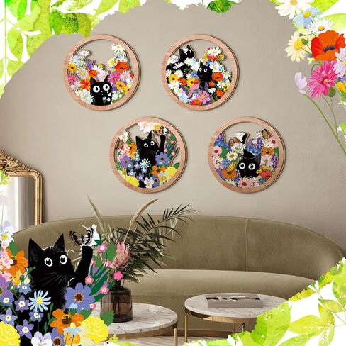 kathfly 4 قطع لطيف القطة السوداء جدار ديكور الأزهار القط شنقا جدار خشبي الفن 10 × 10 '' مزرعة زهرة كيتي السوق علامة بوهو لوحات فنية لحضانة غرفة نوم غرفة المعيشة مكتب ديكور الحيوانات الأليفة عاشق هدية in Saudi Arabia