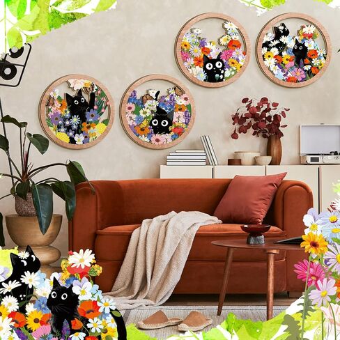 kathfly 4 قطع لطيف القطة السوداء جدار ديكور الأزهار القط شنقا جدار خشبي الفن 10 × 10 '' مزرعة زهرة كيتي السوق علامة بوهو لوحات فنية لحضانة غرفة نوم غرفة المعيشة مكتب ديكور الحيوانات الأليفة عاشق هدية in Saudi Arabia